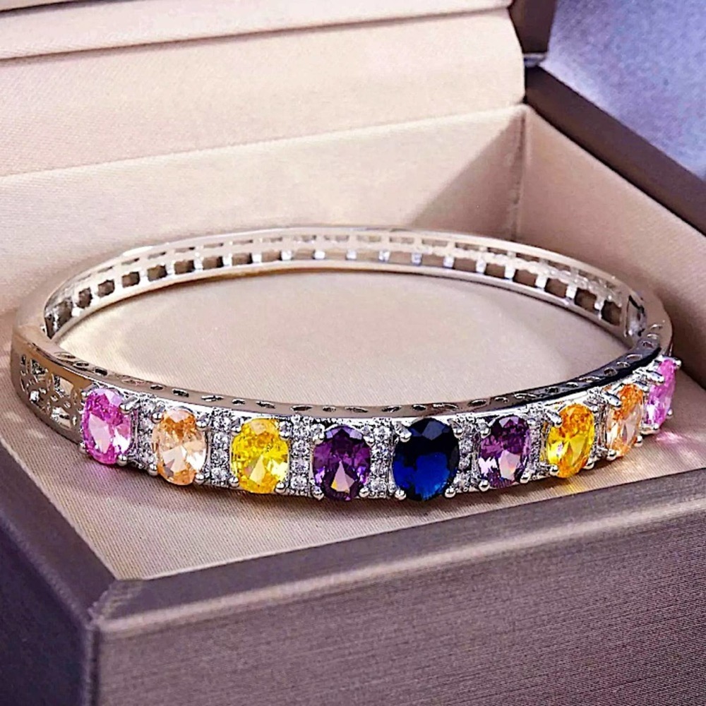 Sterling Silver Multicolor Cubic Zirconia Bangle Bracelet